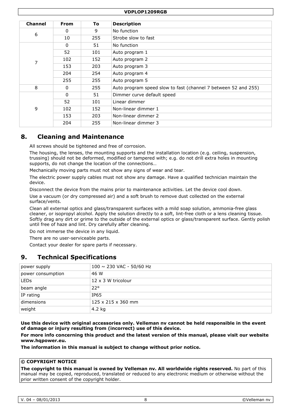 Cleaning and maintenance, Technical specifications | Velleman VDPLOP1209RGB User Manual | Page 8 / 38
