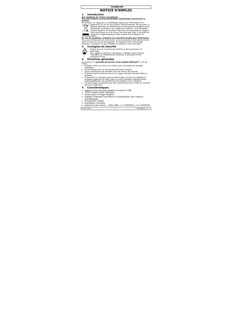 Notice d, D’emploi | Velleman PCUSBCAM User Manual | Page 7 / 17