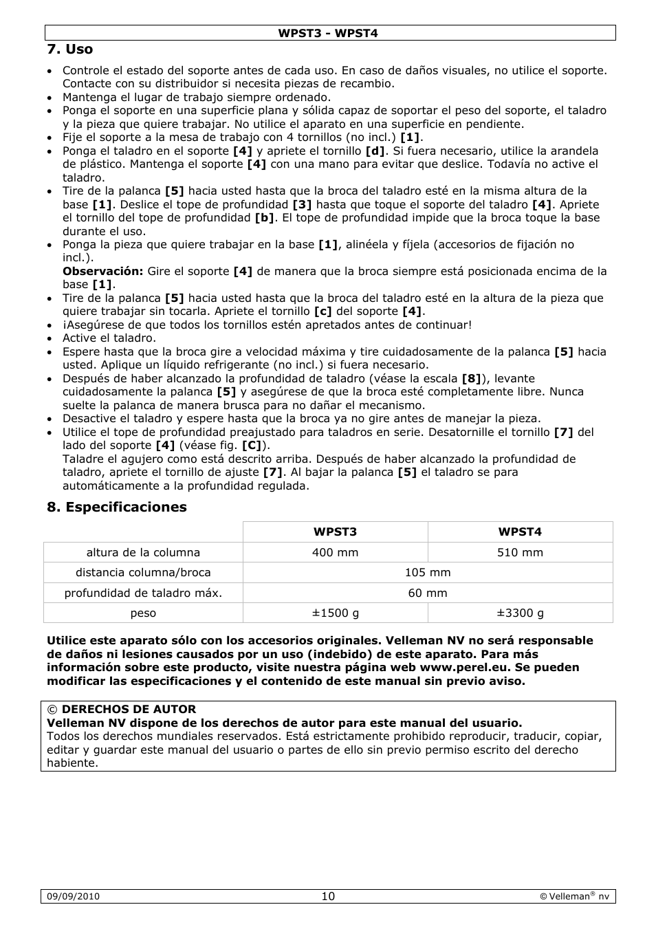 Especificaciones | Velleman WPST3 User Manual | Page 10 / 17