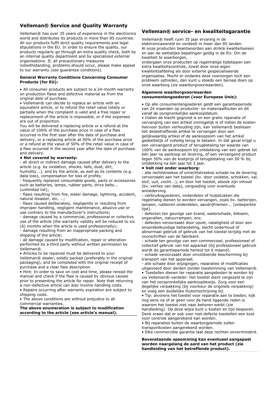 Velleman® service and quality warranty, Velleman® service- en kwaliteitsgarantie | Velleman WPST3 User Manual | Page 15 / 17