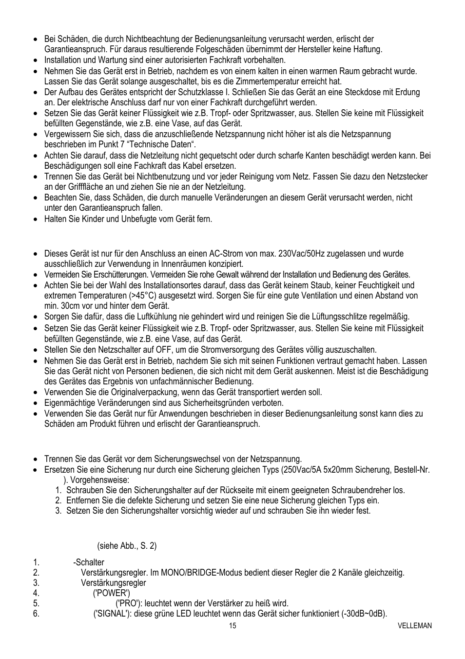 Allgemeine richtlinien, Eine sicherung ersetzen, Anwendung | Velleman VPA2200MBN User Manual | Page 15 / 19
