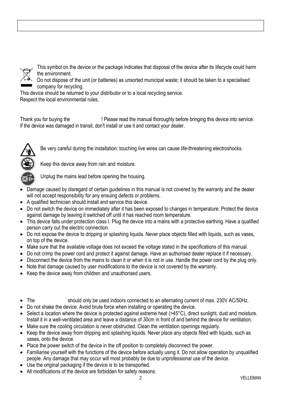 Velleman VPA2200MBN User Manual | Page 2 / 19