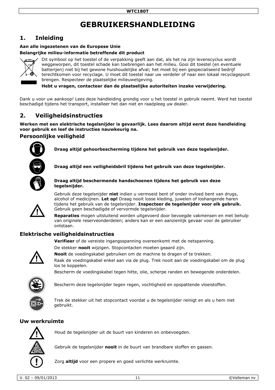 Gebruikershandleiding, Inleiding, Veiligheidsinstructies | Velleman WTC180T User Manual | Page 11 / 28