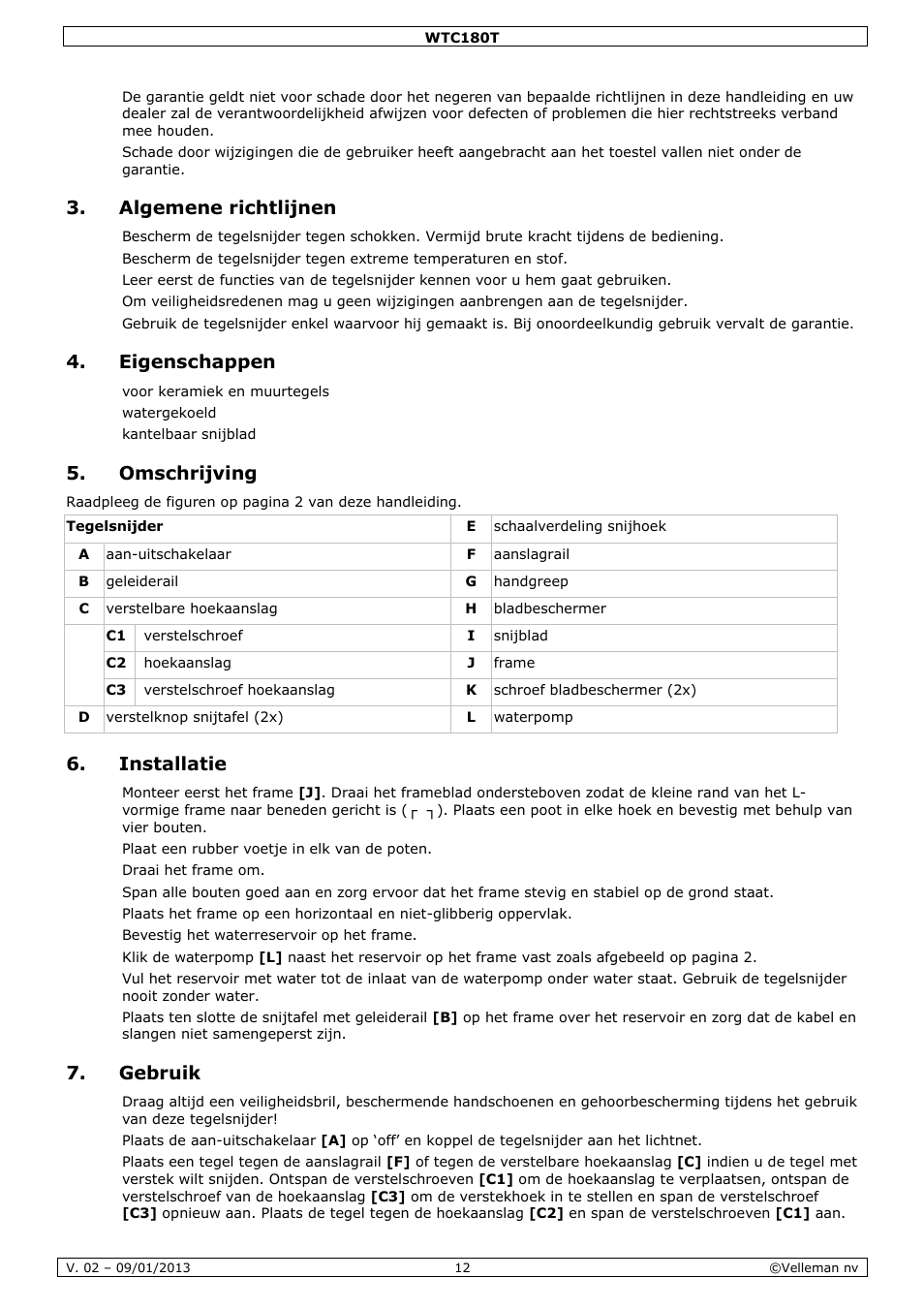 Algemene richtlijnen, Eigenschappen, Omschrijving | Installatie, Gebruik | Velleman WTC180T User Manual | Page 12 / 28