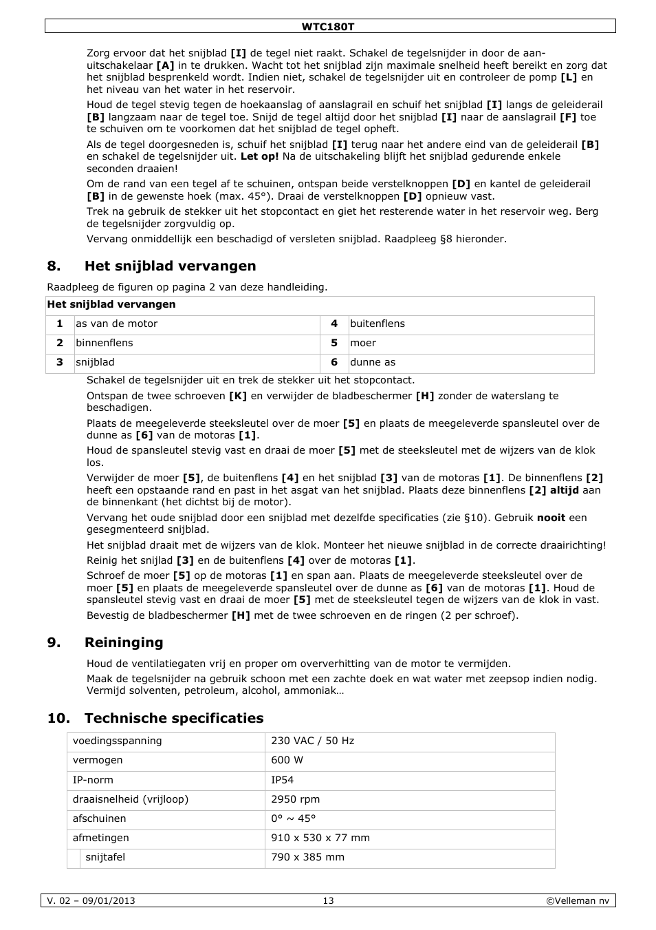 Het snijblad vervangen, Reininging, Technische specificaties | Velleman WTC180T User Manual | Page 13 / 28