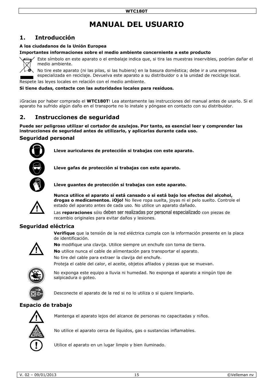 Manual del usuario, Introducción, Instrucciones de seguridad | Deben ser realizadas por personal especializado | Velleman WTC180T User Manual | Page 15 / 28