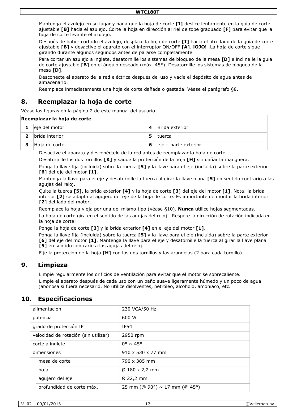 Reemplazar la hoja de corte, Limpieza, Especificaciones | Velleman WTC180T User Manual | Page 17 / 28