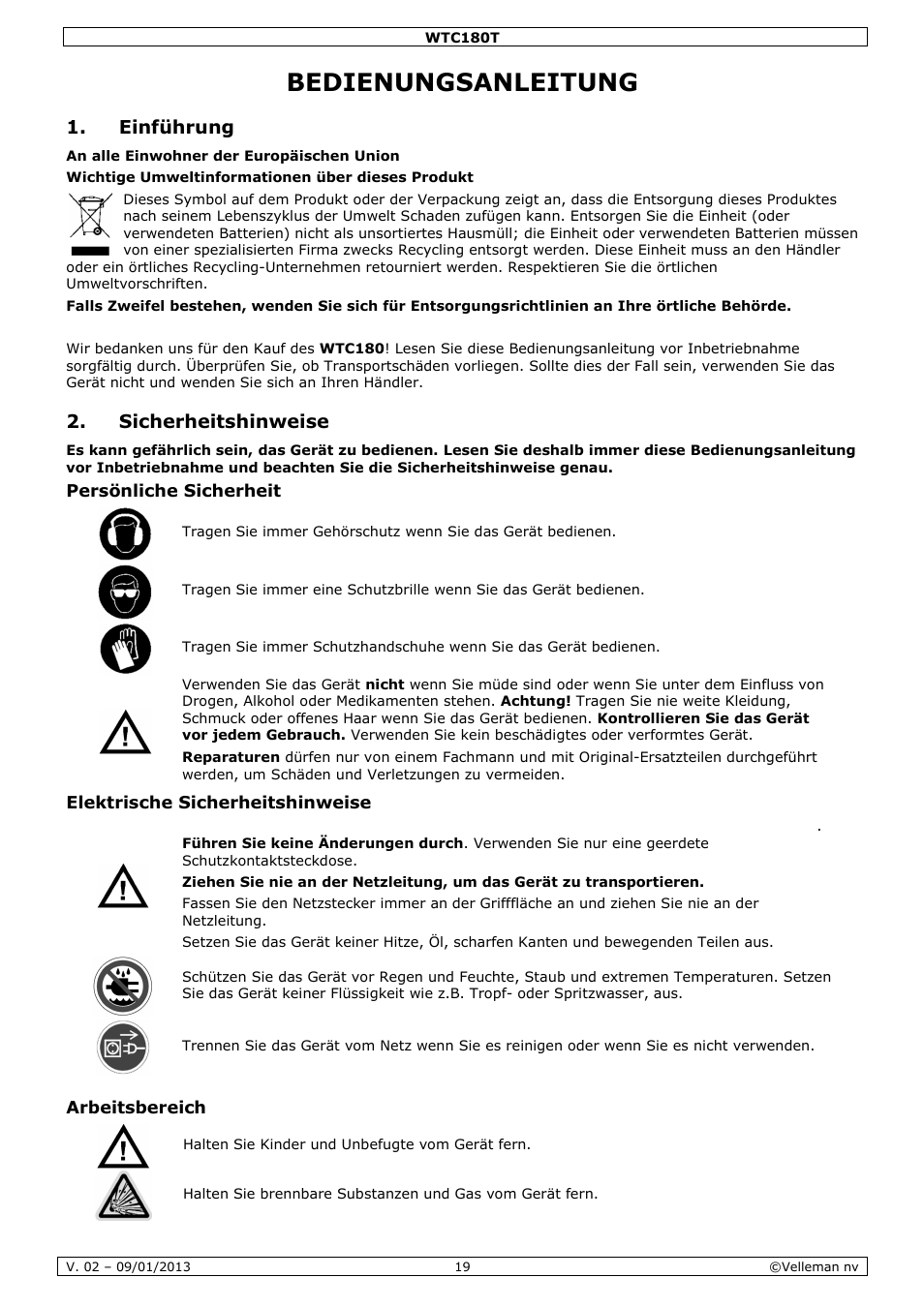 Bedienungsanleitung, Einführung, Sicherheitshinweise | Velleman WTC180T User Manual | Page 19 / 28