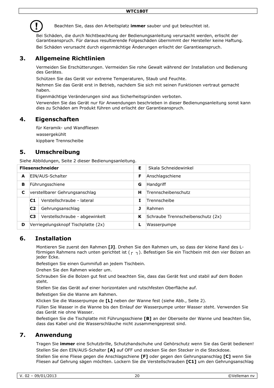 Allgemeine richtlinien, Eigenschaften, Umschreibung | Installation, Anwendung | Velleman WTC180T User Manual | Page 20 / 28