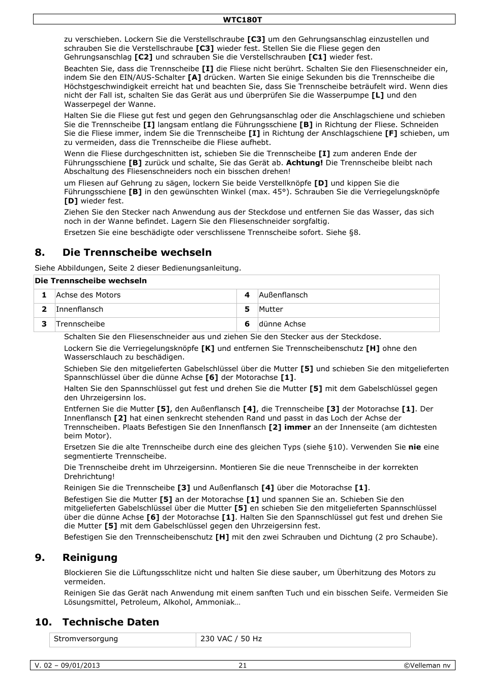 Die trennscheibe wechseln, Reinigung, Technische daten | Velleman WTC180T User Manual | Page 21 / 28