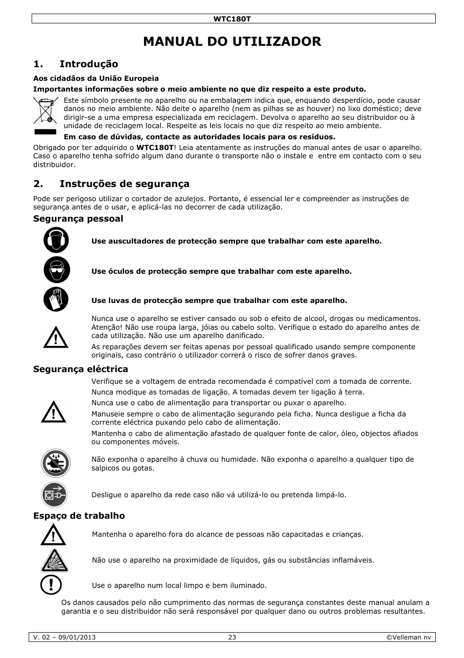 Manual do utilizador, Introdução, Instruções de segurança | Velleman WTC180T User Manual | Page 23 / 28