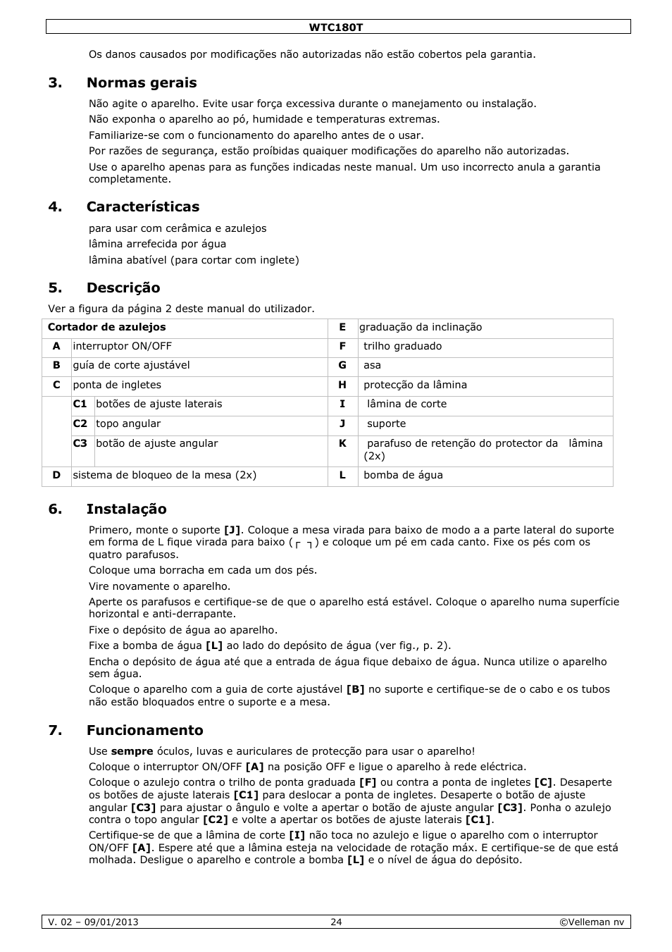 Normas gerais, Características, Descrição | Instalação, Funcionamento | Velleman WTC180T User Manual | Page 24 / 28