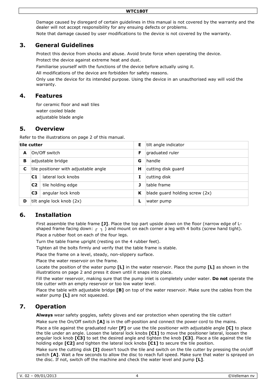General guidelines, Features, Overview | Installation, Operation | Velleman WTC180T User Manual | Page 4 / 28