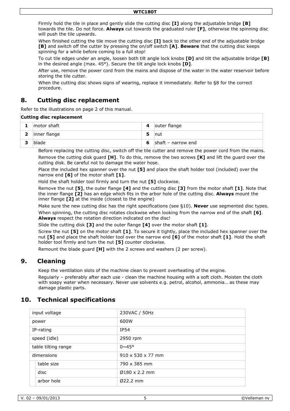 Cutting disc replacement, Cleaning, Technical specifications | Velleman WTC180T User Manual | Page 5 / 28