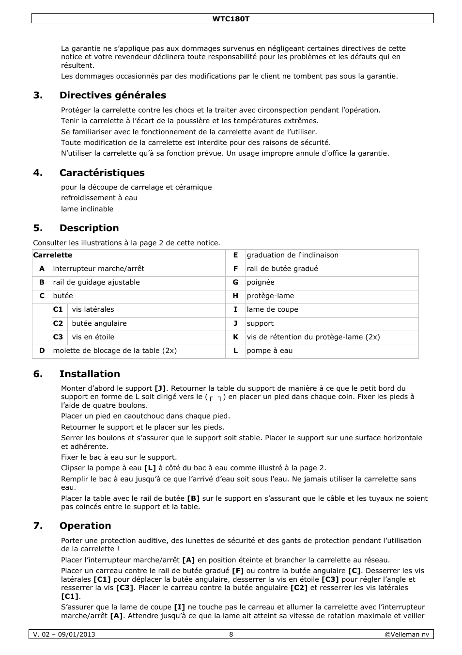 Directives générales, Caractéristiques, Description | Installation, Operation | Velleman WTC180T User Manual | Page 8 / 28