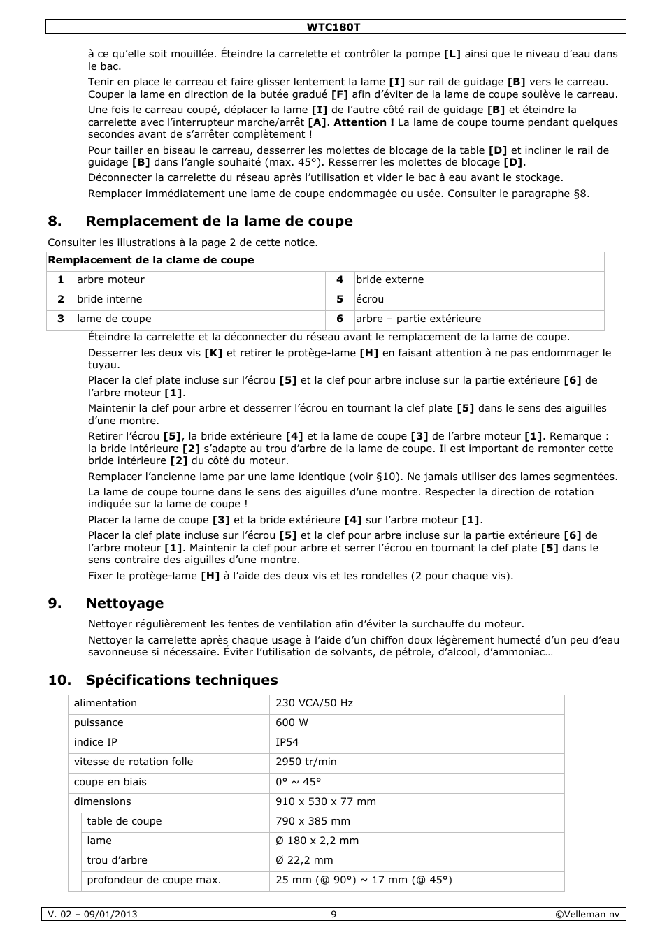 Remplacement de la lame de coupe, Nettoyage, Spécifications techniques | Velleman WTC180T User Manual | Page 9 / 28