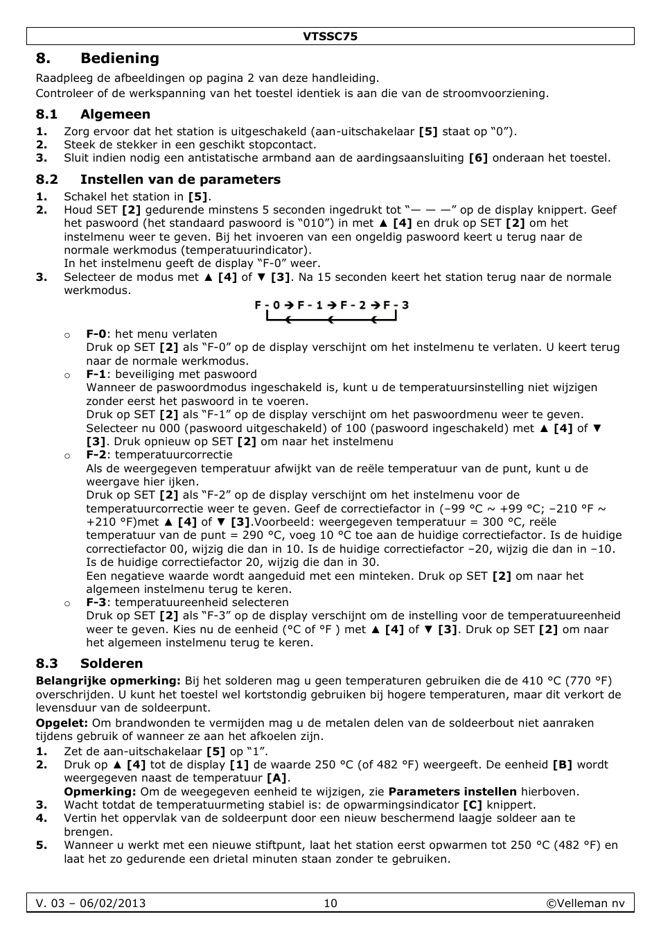 Bediening, 1 algemeen, 2 instellen van de parameters | 3 solderen | Velleman VTSSC75 User Manual | Page 10 / 39