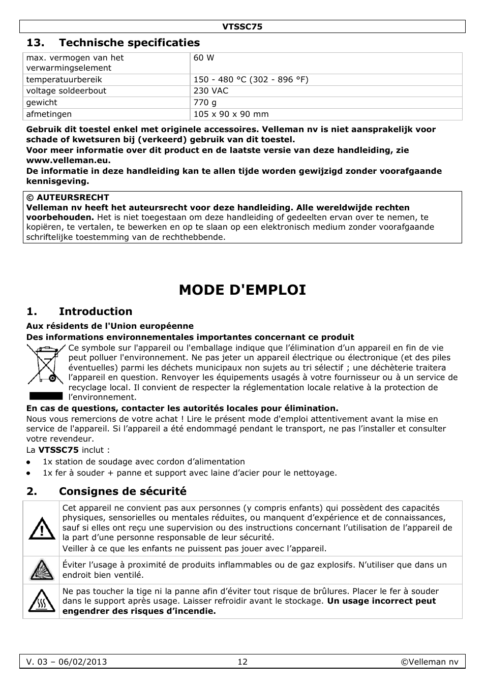 Technische specificaties, Mode d'emploi, Introduction | Consignes de sécurité | Velleman VTSSC75 User Manual | Page 12 / 39