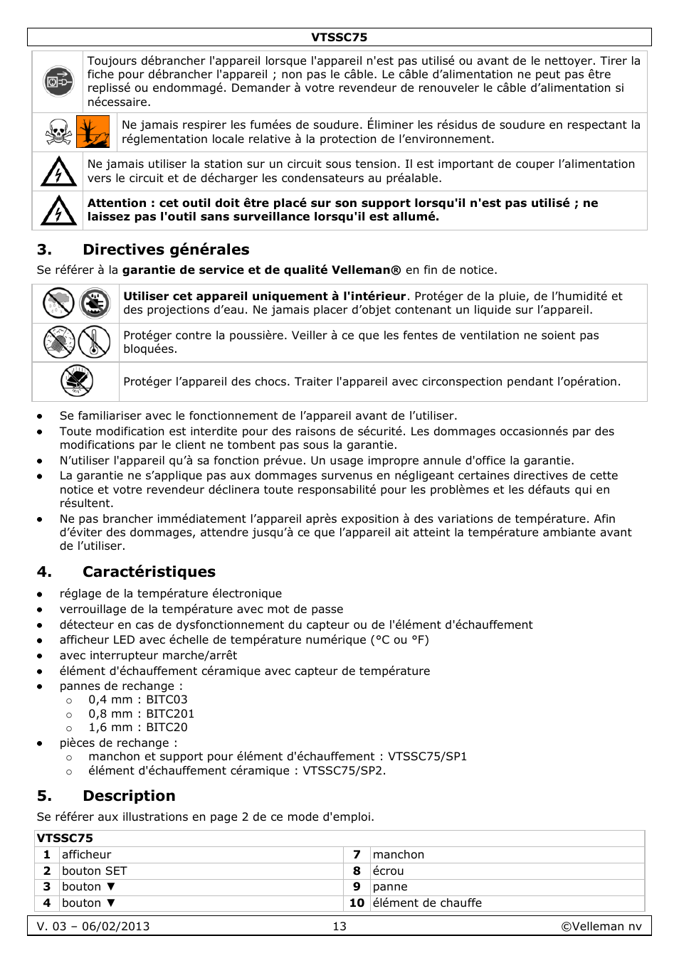Directives générales, Caractéristiques, Description | Velleman VTSSC75 User Manual | Page 13 / 39