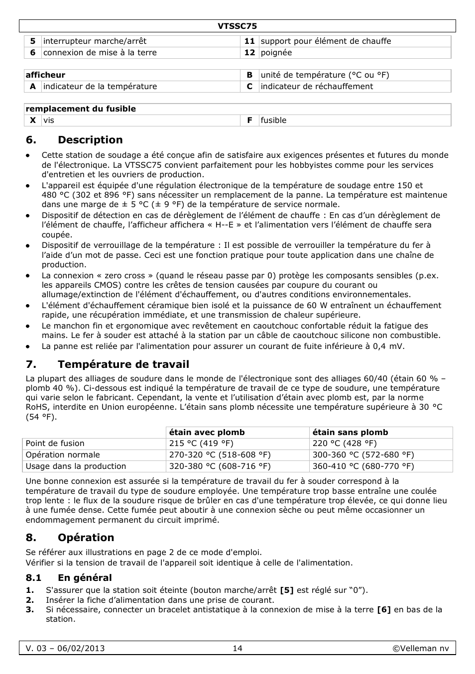Description, Température de travail, Opération | 1 en général | Velleman VTSSC75 User Manual | Page 14 / 39