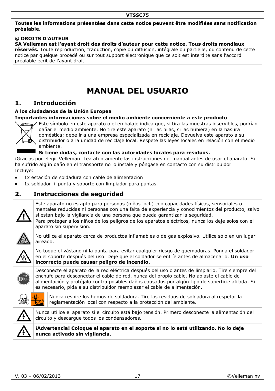 Manual del usuario, Introducción, Instrucciones de seguridad | Velleman VTSSC75 User Manual | Page 17 / 39