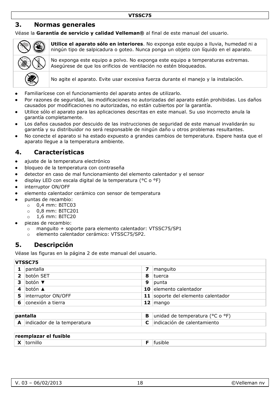 Normas generales, Características, Descripción | Velleman VTSSC75 User Manual | Page 18 / 39
