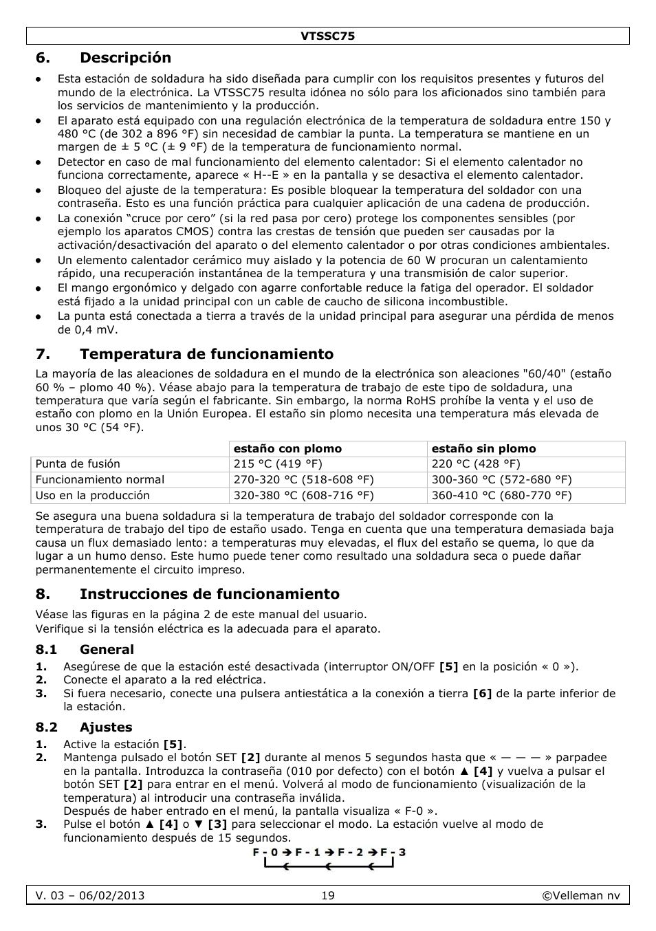 Descripción, Temperatura de funcionamiento, Instrucciones de funcionamiento | 1 general, 2 ajustes | Velleman VTSSC75 User Manual | Page 19 / 39