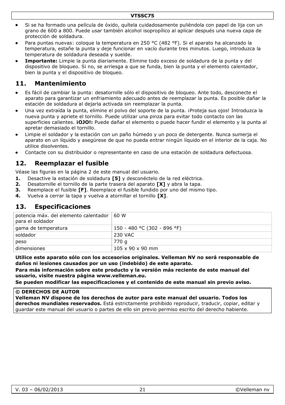 Mantenimiento, Reemplazar el fusible, Especificaciones | Velleman VTSSC75 User Manual | Page 21 / 39