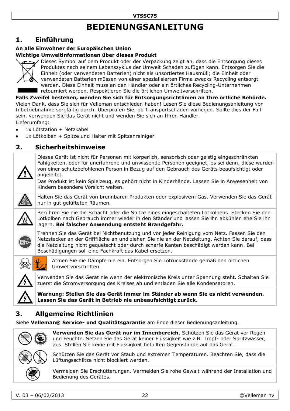 Bedienungsanleitung, Einführung, Sicherheitshinweise | Allgemeine richtlinien | Velleman VTSSC75 User Manual | Page 22 / 39