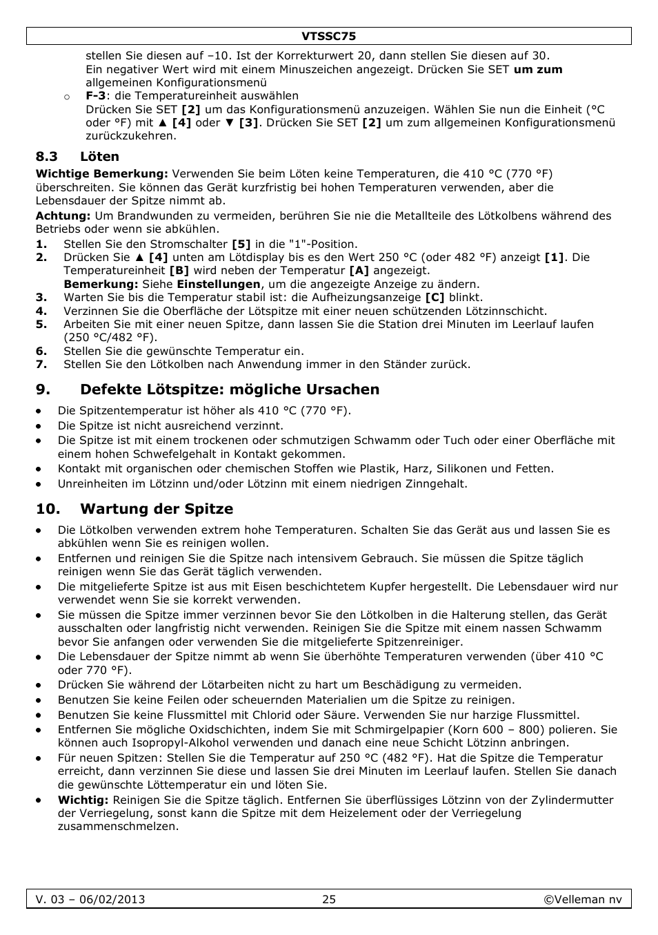 3 löten, Defekte lötspitze: mögliche ursachen, Wartung der spitze | Velleman VTSSC75 User Manual | Page 25 / 39