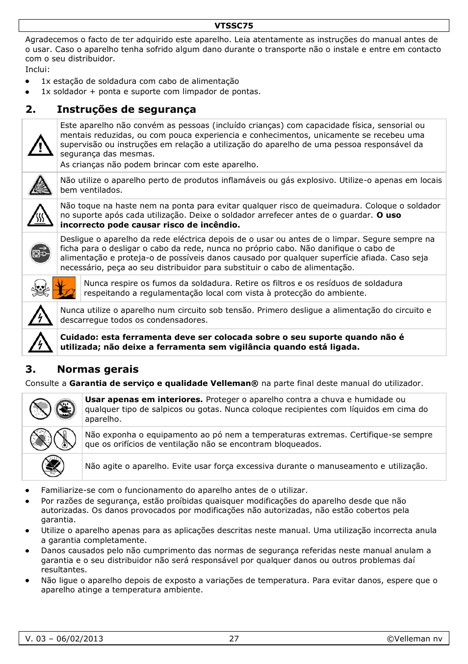 Instruções de segurança, Normas gerais | Velleman VTSSC75 User Manual | Page 27 / 39