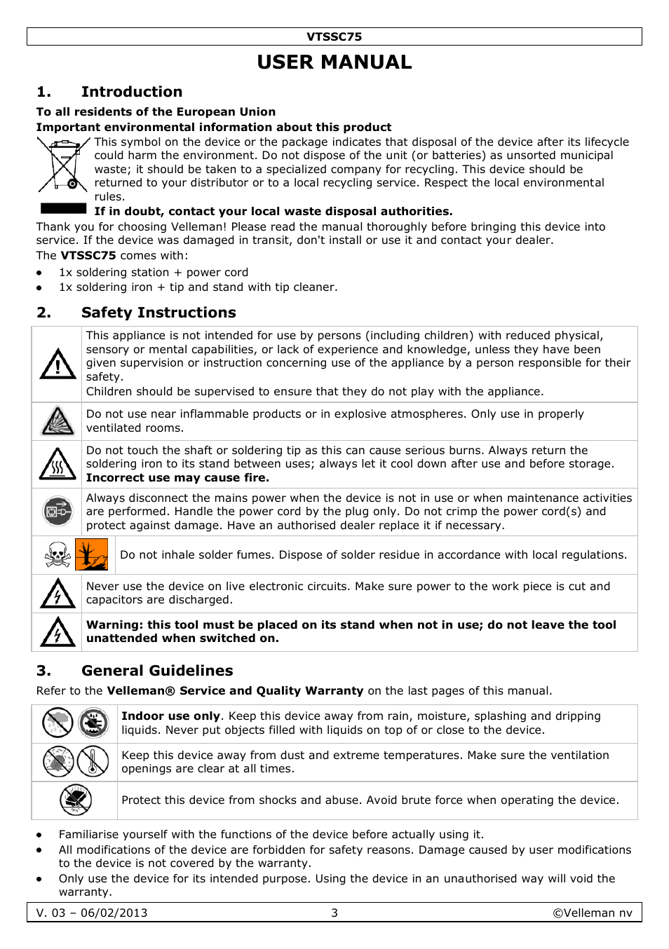 User manual, Introduction, Safety instructions | General guidelines | Velleman VTSSC75 User Manual | Page 3 / 39