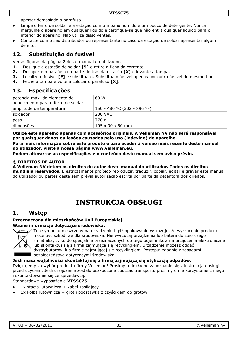 Substituição do fusível, Especificações, Instrukcja obsługi | Wstęp | Velleman VTSSC75 User Manual | Page 31 / 39