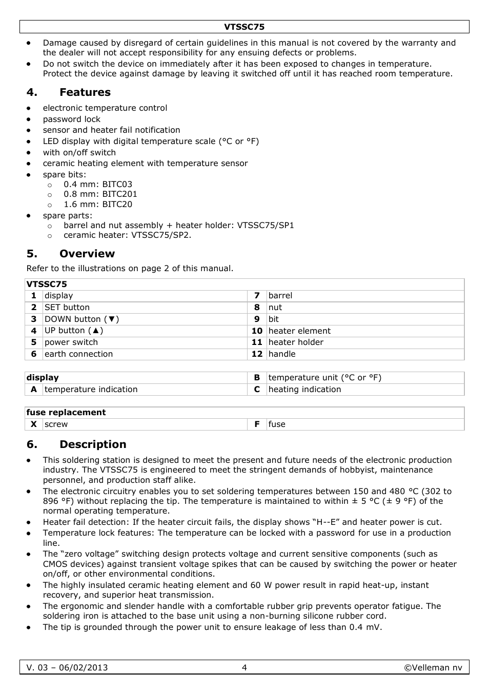Features, Overview, Description | Velleman VTSSC75 User Manual | Page 4 / 39