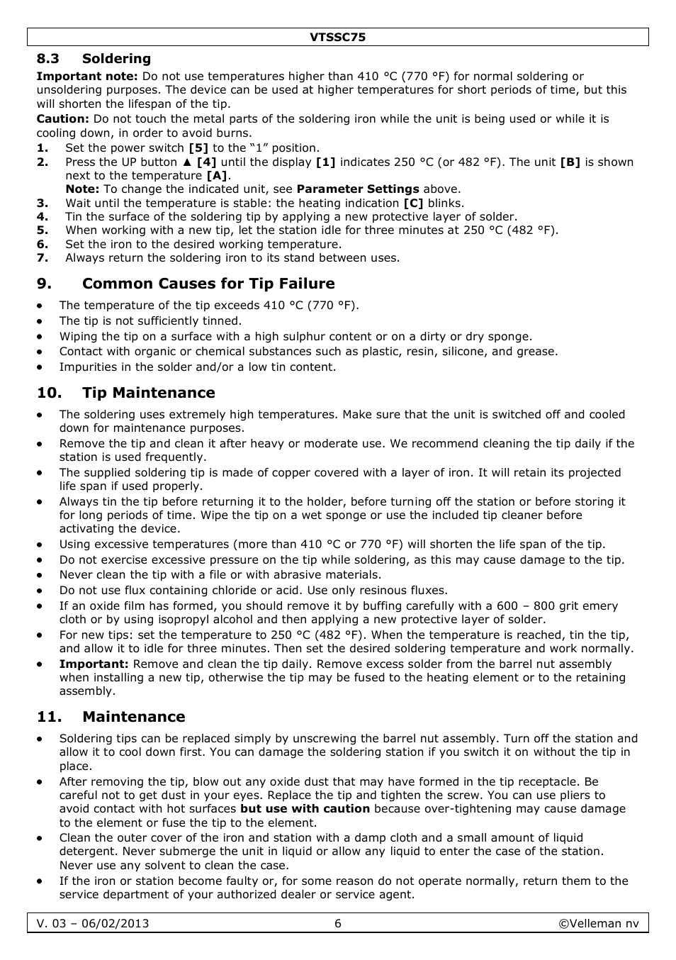 3 soldering, Common causes for tip failure, Tip maintenance | Maintenance | Velleman VTSSC75 User Manual | Page 6 / 39