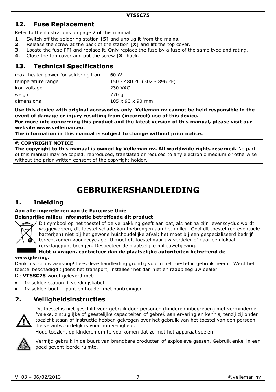 Fuse replacement, Technical specifications, Gebruikershandleiding | Inleiding, Veiligheidsinstructies | Velleman VTSSC75 User Manual | Page 7 / 39