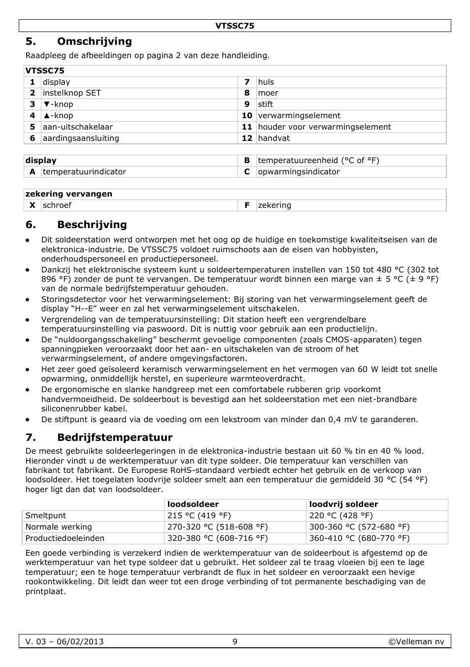 Omschrijving, Beschrijving, Bedrijfstemperatuur | Velleman VTSSC75 User Manual | Page 9 / 39