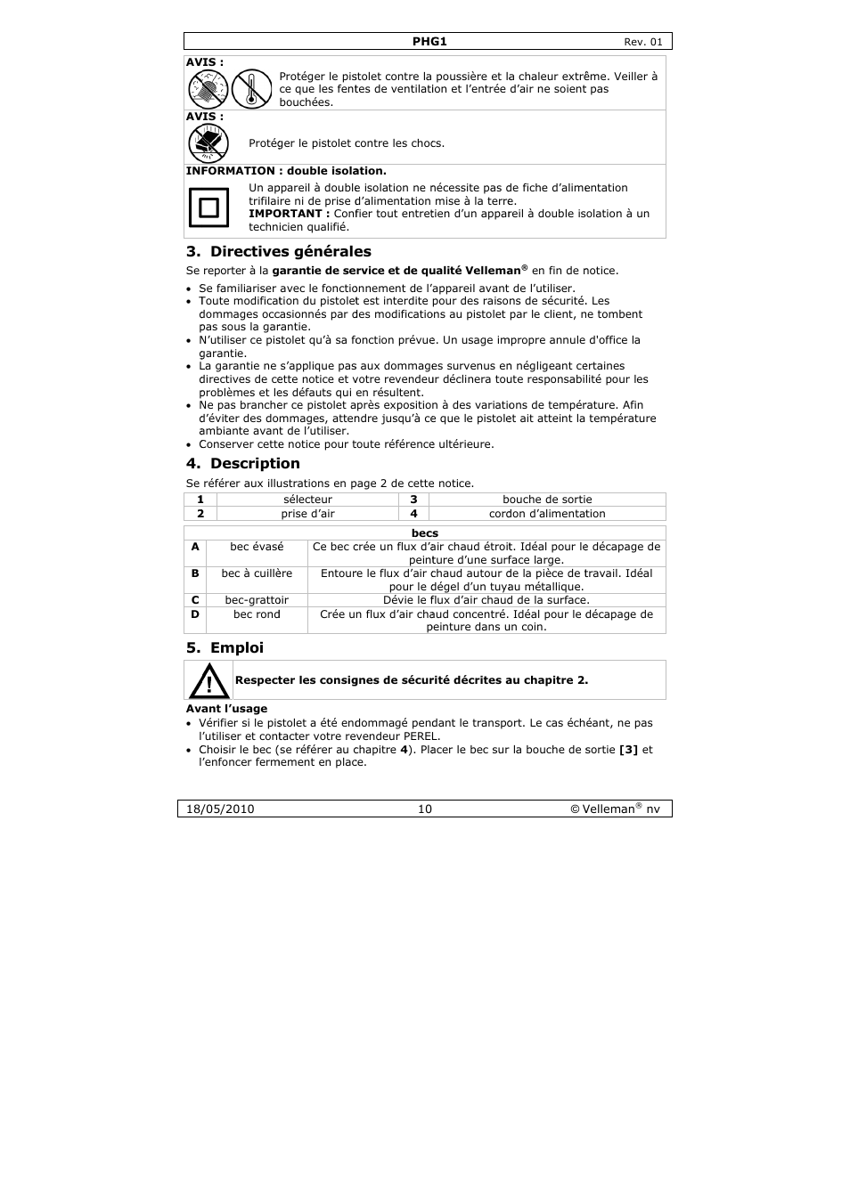 Directive, Descripti, Emploi | Es générale | Velleman PHG1 User Manual | Page 10 / 32
