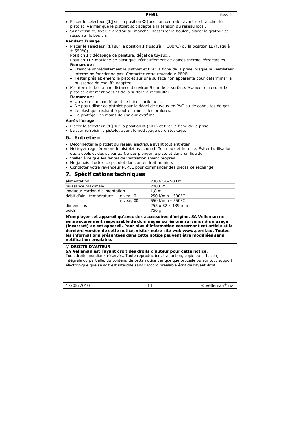 Entretien, Spécifications techniques | Velleman PHG1 User Manual | Page 11 / 32