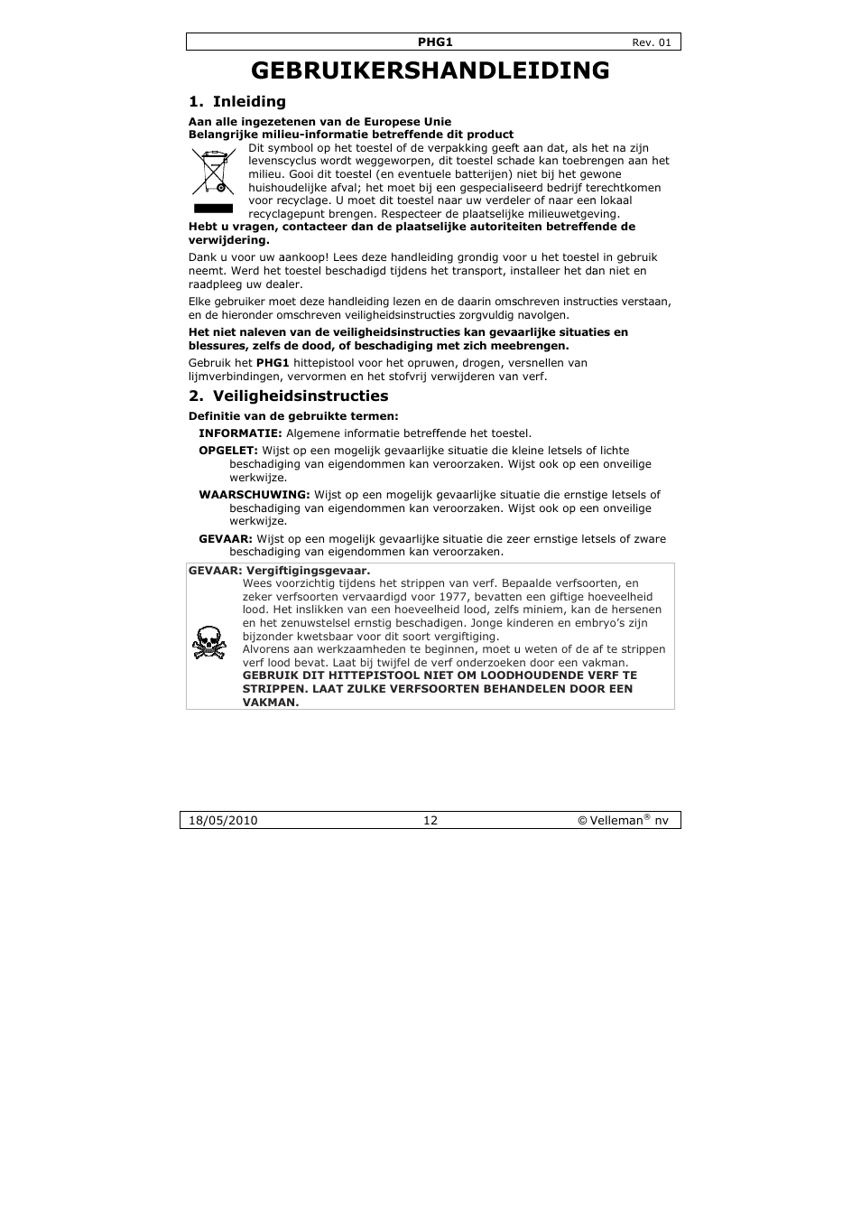 Ebruik, Kersh, Andle | Eiding | Velleman PHG1 User Manual | Page 12 / 32
