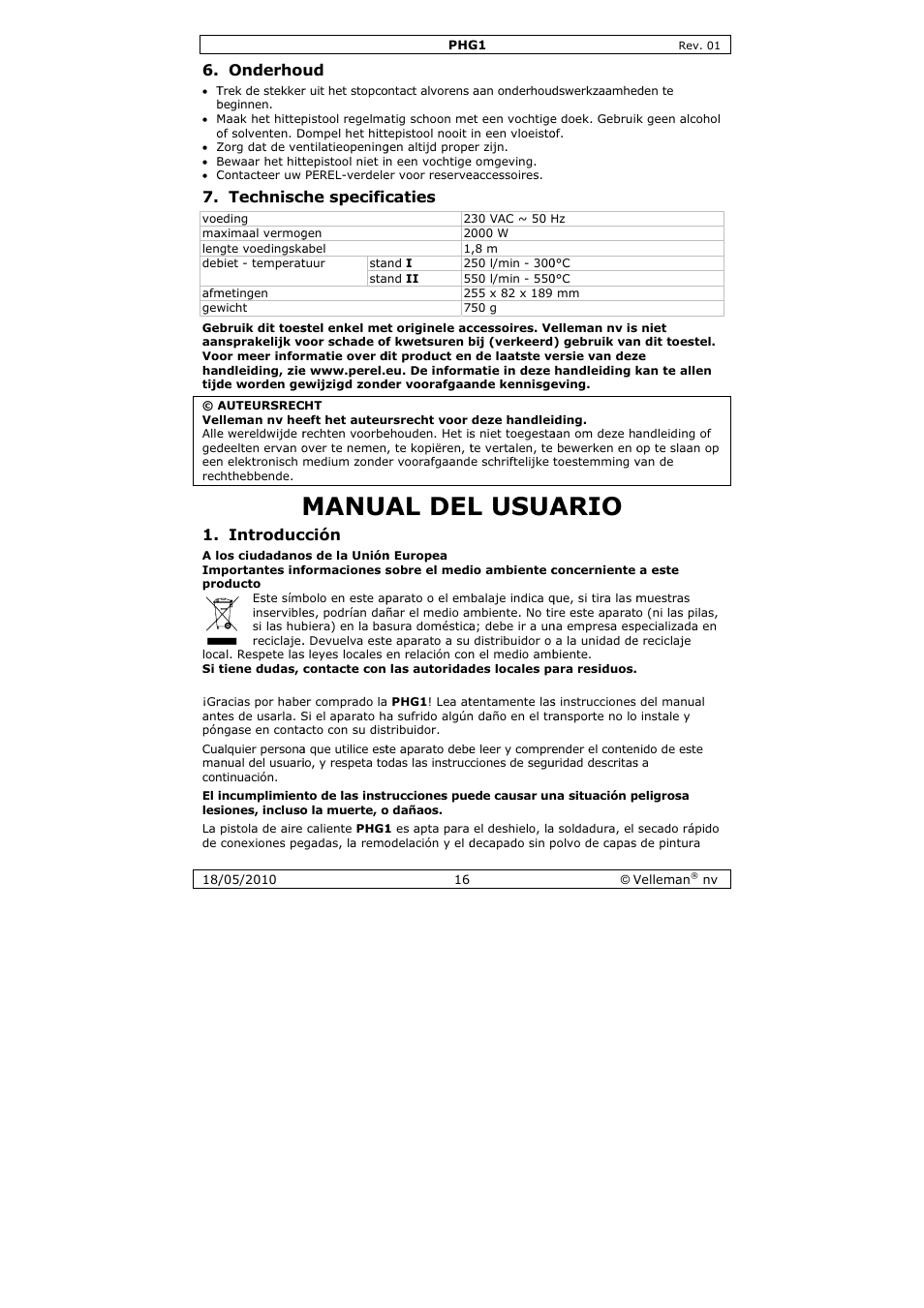 Manua, Al del, L usua | Ario, Onderho, Technisc, Introduc, He specific, Cción, Caties | Velleman PHG1 User Manual | Page 16 / 32