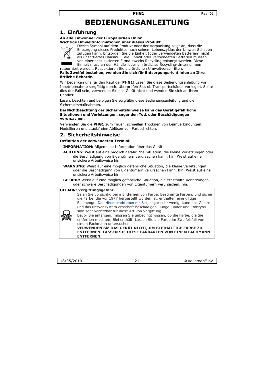 Bedien, Nungs, Sanlei | Itung, Einführu, Sicherhe, Eitshinweis | Velleman PHG1 User Manual | Page 21 / 32