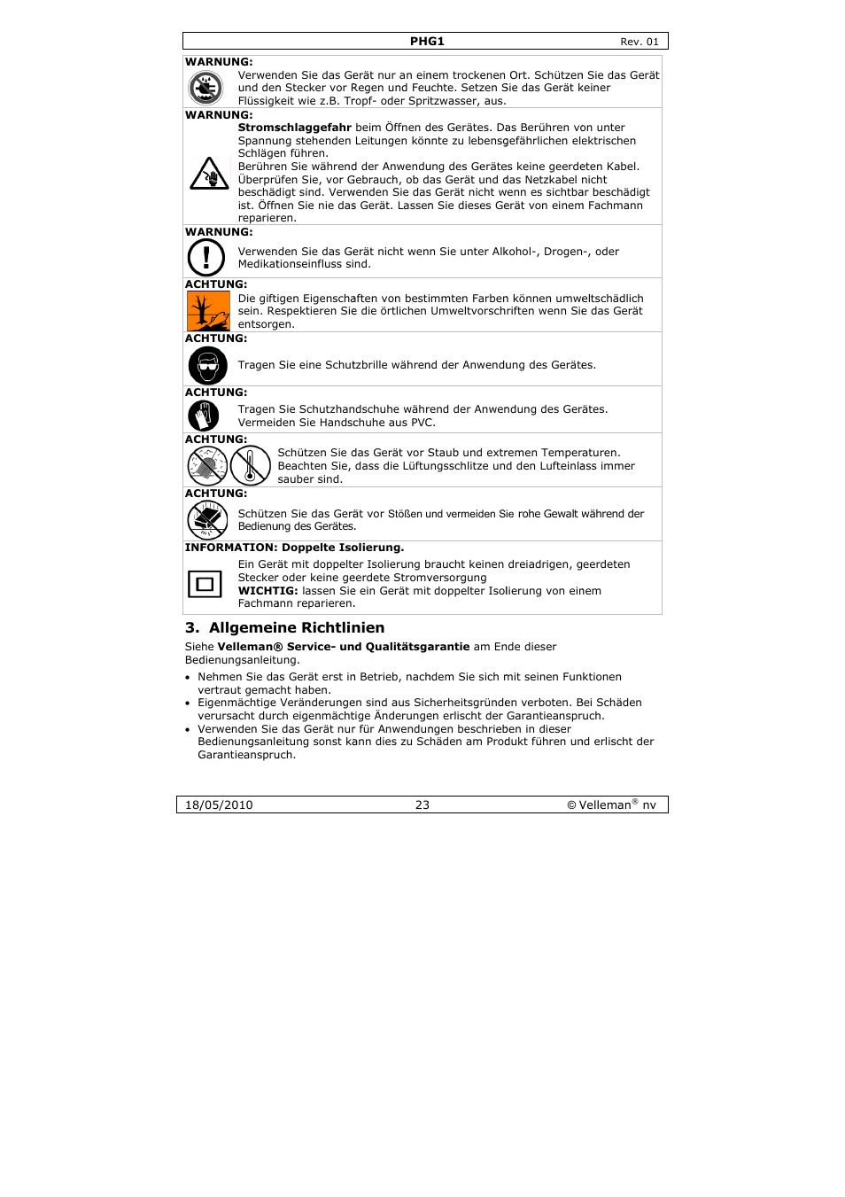 Allgemei, Ne richtlin, Nien | Velleman PHG1 User Manual | Page 23 / 32