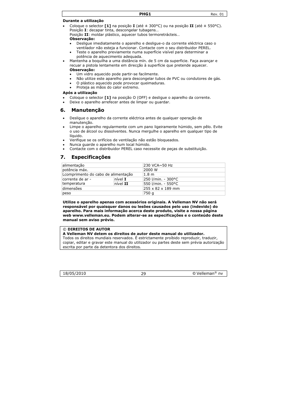 Manutenção, Especificações | Velleman PHG1 User Manual | Page 29 / 32