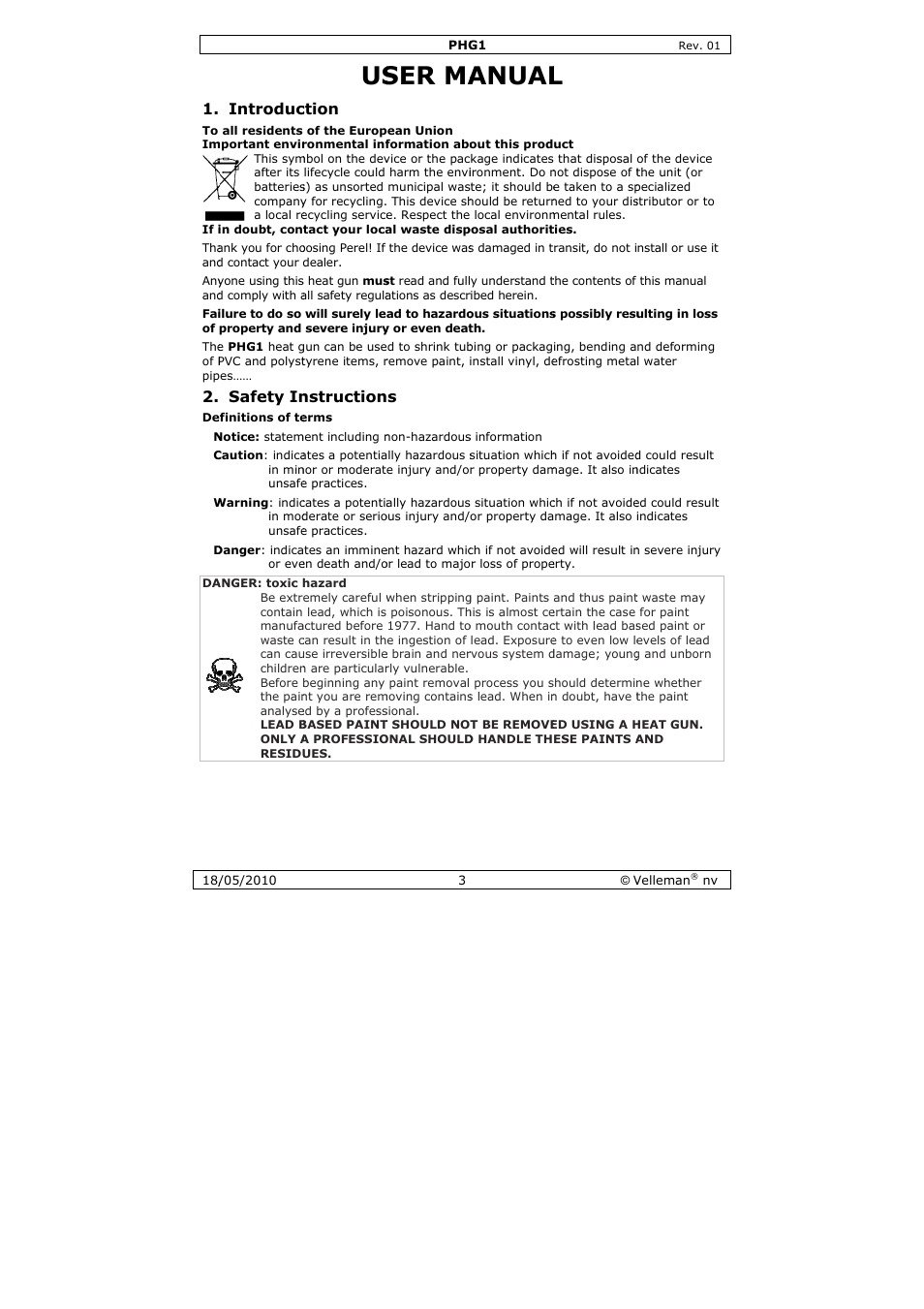 Ser ma, Anual, Introduc | Safety in, Ction, Nstruction | Velleman PHG1 User Manual | Page 3 / 32