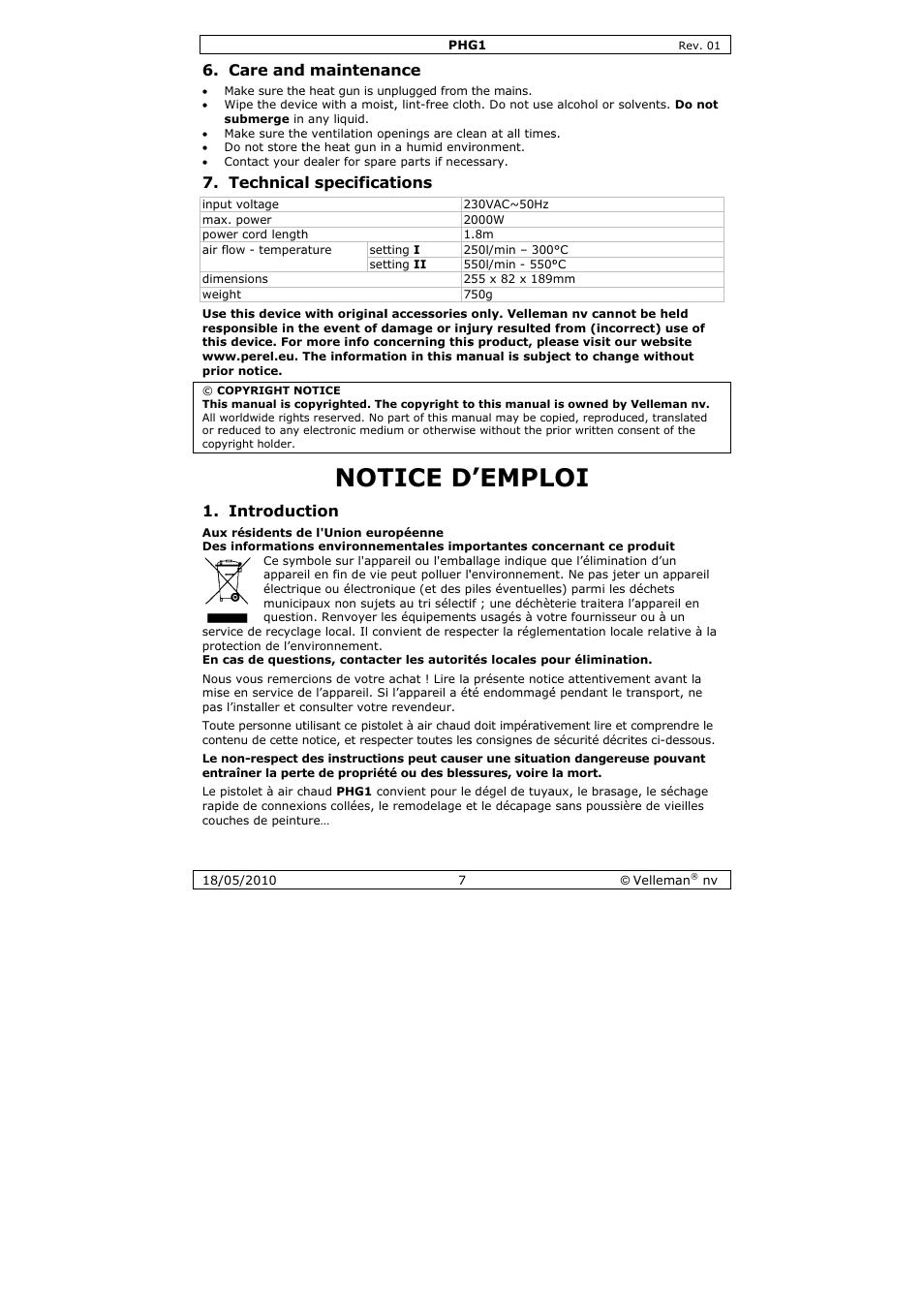 Tice d, D’empl, Care and | Technica, Introduc, D maintena, Al specifica, Ction, Ance, Ations | Velleman PHG1 User Manual | Page 7 / 32