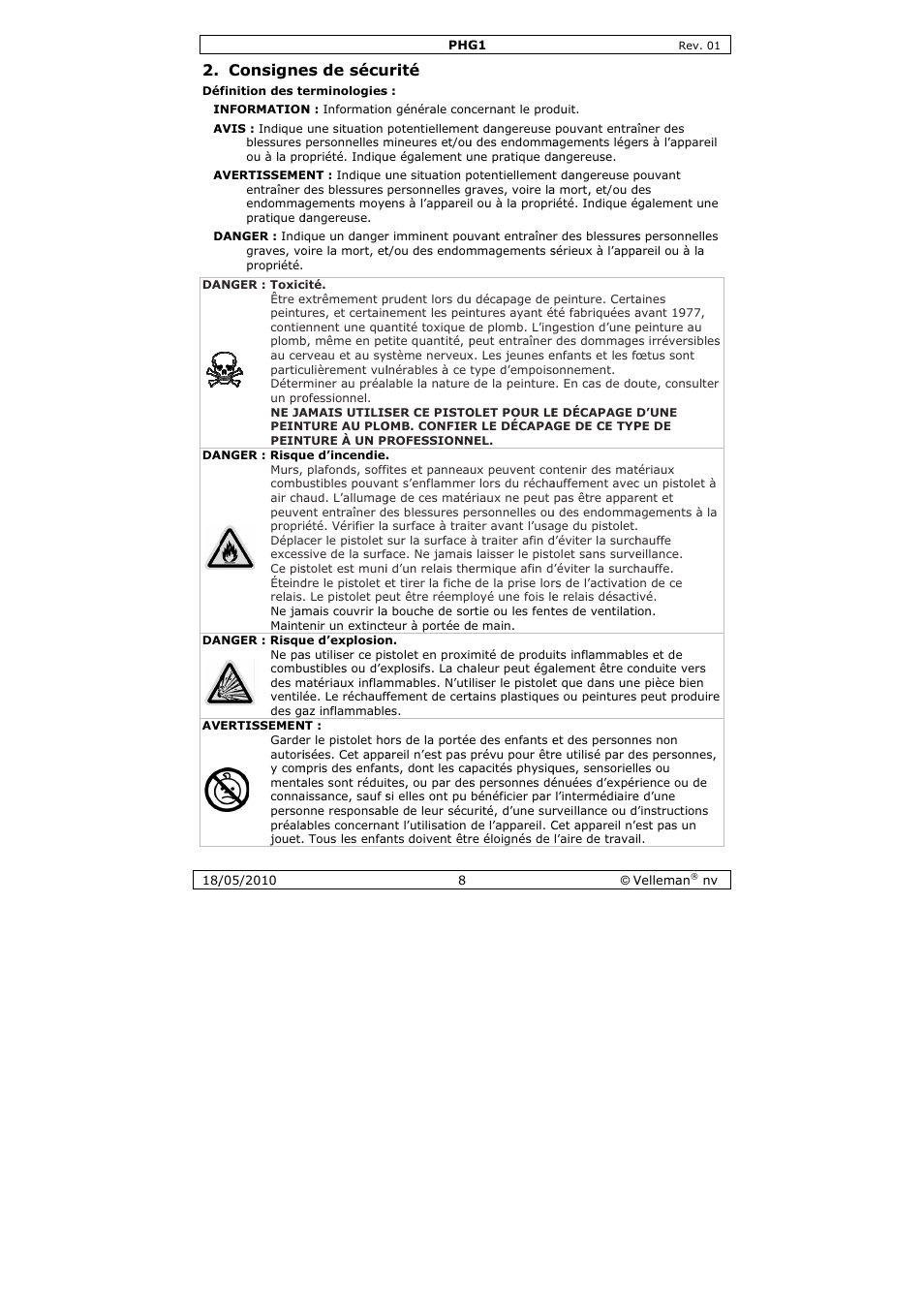 Consigne, Es de sécu, Urité | Velleman PHG1 User Manual | Page 8 / 32