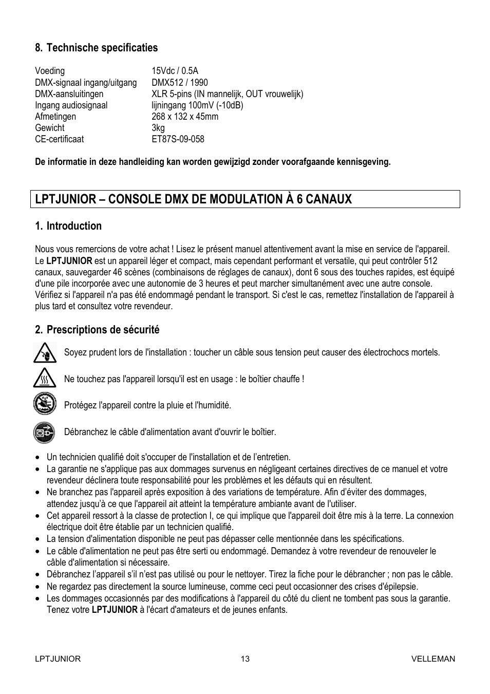 Lptjunior – console dmx de modulation à 6 canaux | Velleman LPTJUNIOR User Manual | Page 13 / 33
