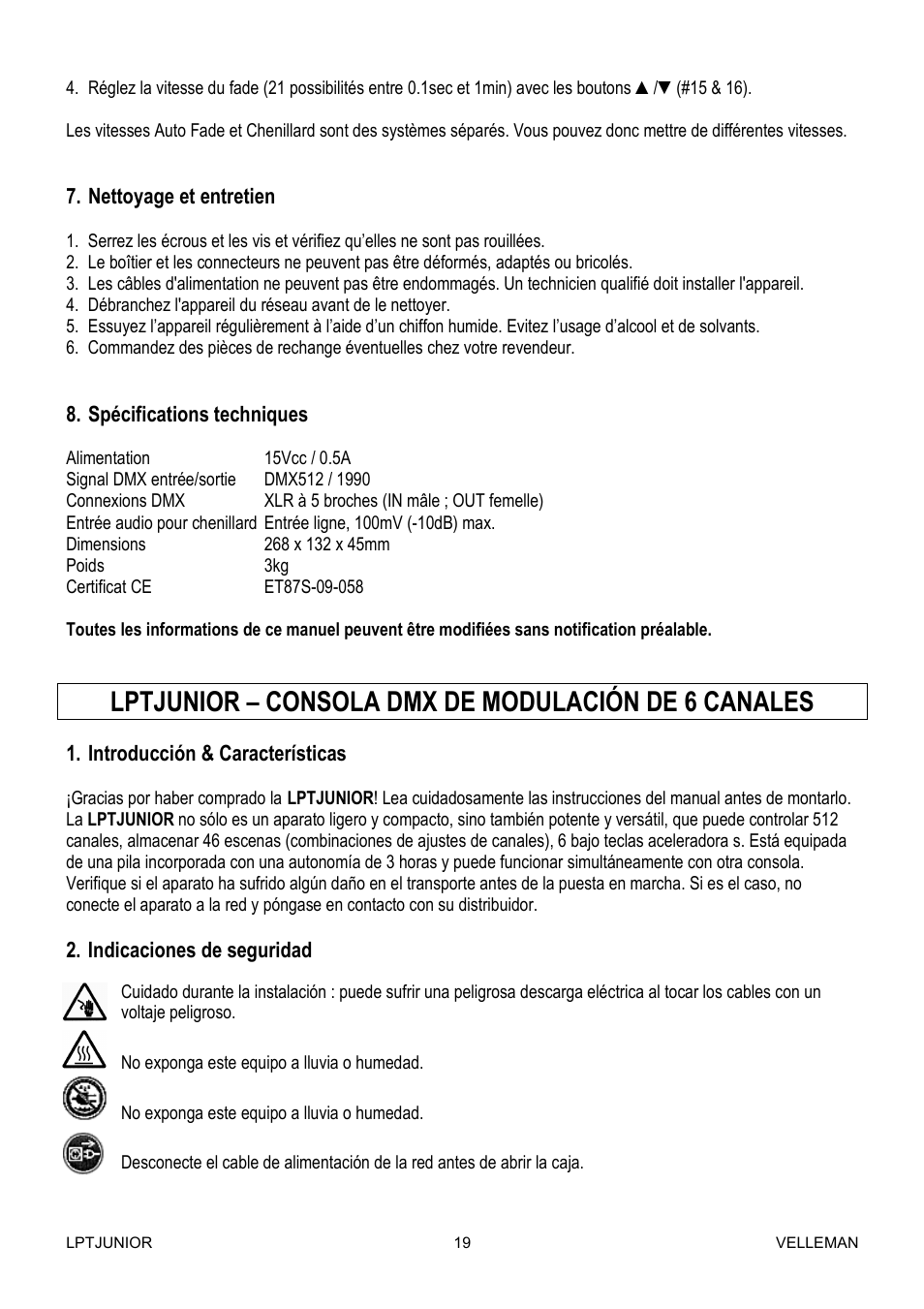 Lptjunior – consola dmx de modulación de 6 canales | Velleman LPTJUNIOR User Manual | Page 19 / 33