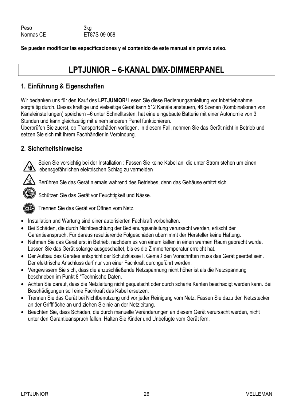 Lptjunior – 6-kanal dmx-dimmerpanel | Velleman LPTJUNIOR User Manual | Page 26 / 33